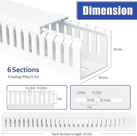 ZhiYo 2 x 2in Professional Server Rack Cable Management Raceway, 99in (6X L16.5in) Cable Raceway Kit, Electrically Safe PVC Open Slot Wire Raceway for Under Desk/Computer/Network Cords, White