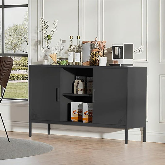 Steehoom Metal TV Cabinet with Doors and Shelves, Modern Metal Storage Cabinet, Coffee Bar TV Stand for Office, Living Room, Kitchen, Diningroom (Black, 47.24" D x 13.78" W x 29.53" H)
