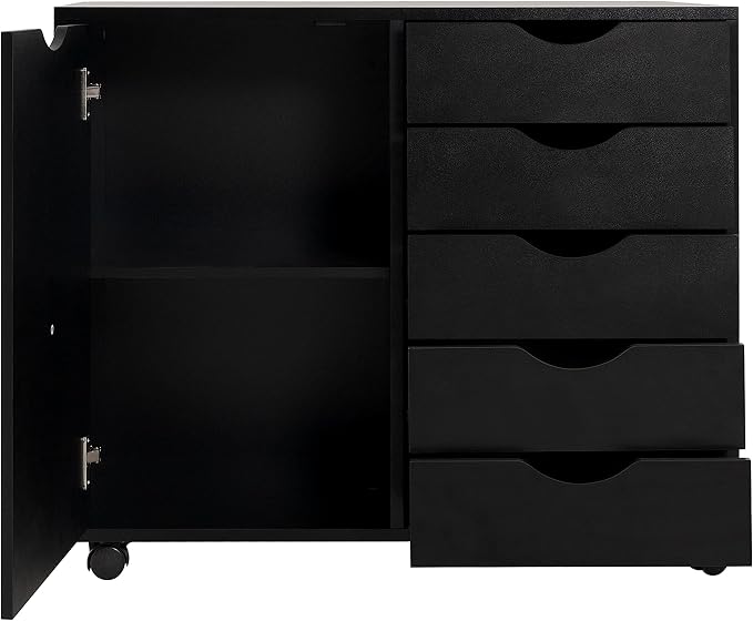 Naomi Home Under Desk Rolling Office File Cabinet with 5 Drawers & Side Storage Cabinet, Mobile Organizer with Shelves & Swivel Casters for Home Office - Black