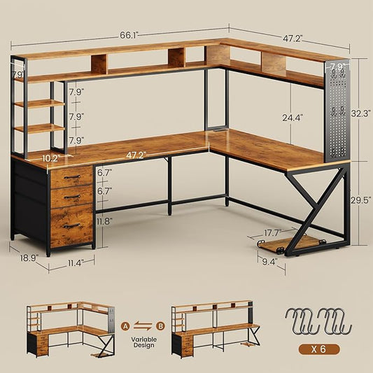 SEDETA L Shaped Desk with Hutch and 3 Drawers, Convertible 94.5" Computer Desk with File Drawer, L Shaped Office Desk with Power Outlet, LED Lights, Storage and Pegboard for Home Office, Brown