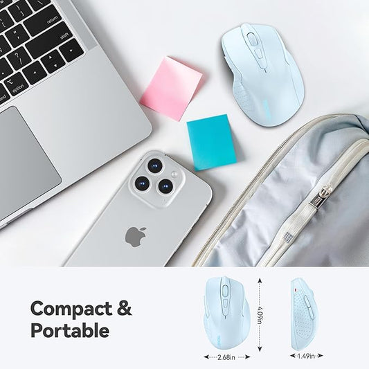 TECKNET Wireless Mouse, 2.4G Ergonomic Optical Mouse, Computer Mouse for Laptop, PC, Computer, Chromebook, Notebook, 6 Buttons, 24 Months Battery Life, 2600 DPI, 5 Adjustment Levels - Lightblue