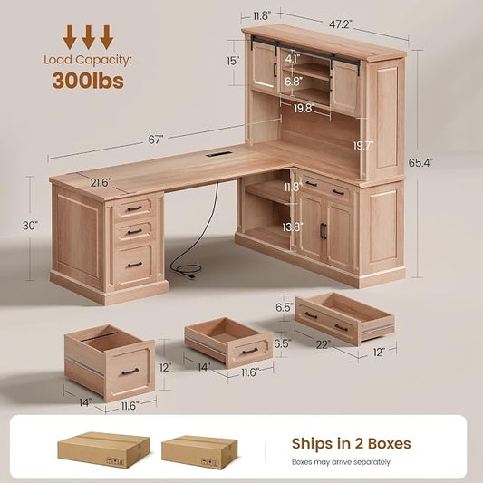 SEDETA 67" Farmhouse Desk with Hutch, L Shaped Office Desk with 4 Drawers & Storage Cabinet, Executive Corner Computer Desk with Sliding Doors, File Drawer & Power Outlet for Home Office, Oak