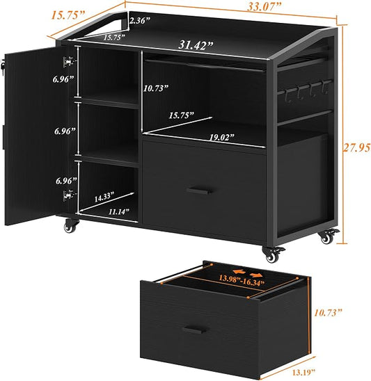 HSH File Cabinet with Wheels with Locks,Black Mobile Filing Cabinet for Legal/Letter Size, Wood Metal Printer Stand with Shelves, Wheels & Hanging File Folder for Home Office Desk, 33 in