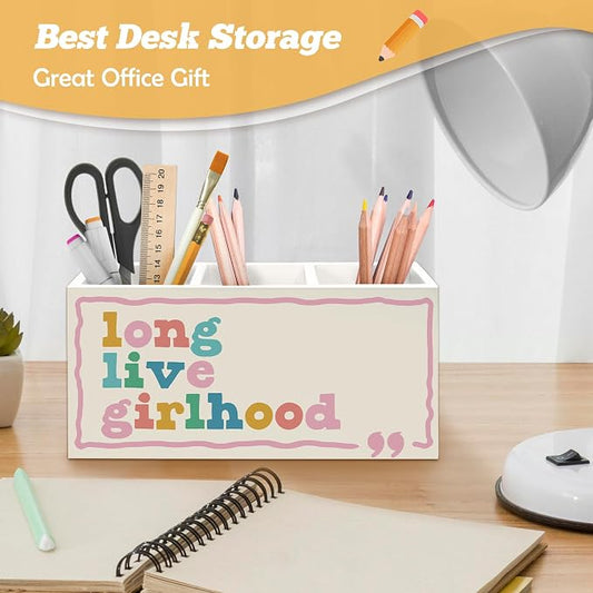 Girl Nursery Decor Pen Holder Organizer for Desk Accessories, Girls Room Decor, Long Live Girlhood Wooden Box Sign Desk Decorations for Kids Girls Room Classroom Bedroom