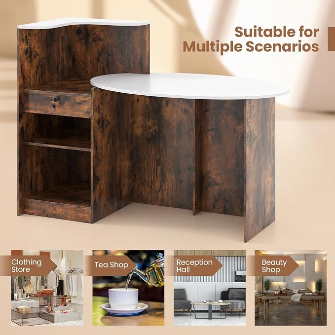Tangkula Reception Desk, Front Counter Desk with Lockable Drawers, L Shaped Retail Counter with Oval Desktop, Checkout Computer Workstation for Salon Lobby Home Office