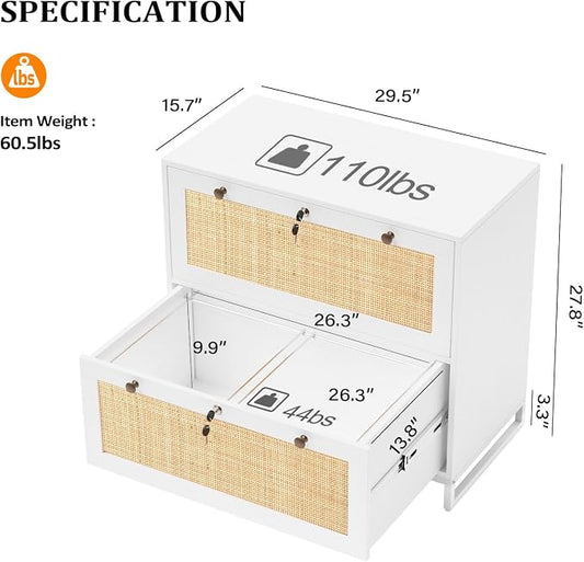 VINGLI White & Natural Rattan 2 Drawer Lateral File Cabinet with Lock, Wood Locking File Cabinets for Home Office, File Cabinet Printer Stand for Hanging Letter/Legal Size Folders, 30W x 16D x 28H