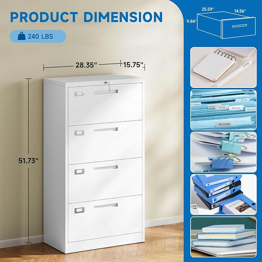 BYNSOE 4 Drawer File Cabinet with Lock Metal Lateral File Storage Cabinet Office Home Steel Lateral File Cabinet for A4 Legal/Letter Size Wide File Cabinet Locked,Assembly Required (4 Drawer, White)