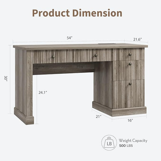 Garvee Fluted Home Office Desk with File Drawer, 54" Modern Executive Desk with Charging Station, Wooden Computer Writing Desk for Home Office, Study Room, Grey