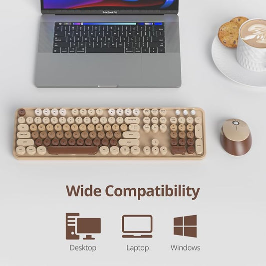 Wireless Keyboard and Mouse Set, Retro Typewriter Keyboard, 2.4GHz Full Size 104-Key Cute Keyboard with Number Pad, Colorful Keyboard with Round Keycaps for Windows PC Laptop(Coffee)