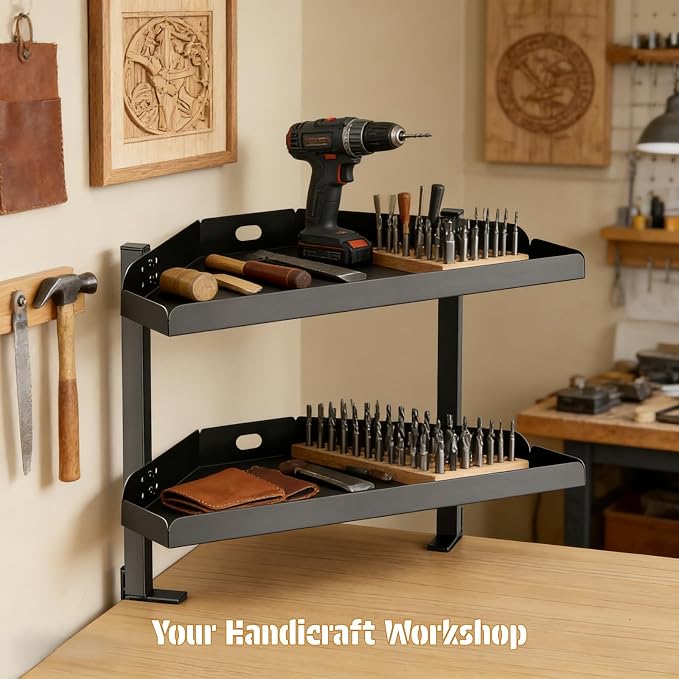 CanKing Corner Desk Clamp Shelf 16 Inch 2 Tier Adjustable Storage Rack | Sturdy metal organizer saves space, fits securely on or under corner of table for office, gaming & cubicle