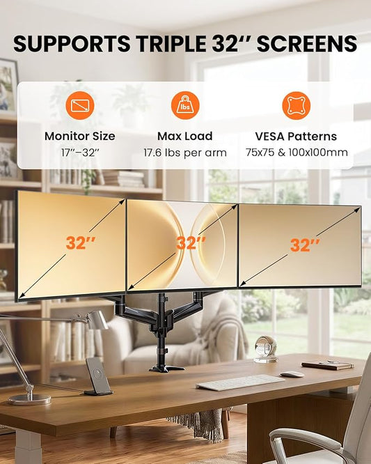 ErGear Triple Monitor Mount, Fully Adjustable Gaming 3 Monitor Desk Mount for 17 to 32 inch Computer Screens, Swivel, Tilt, Rotation, C-Clamp & Grommet Base