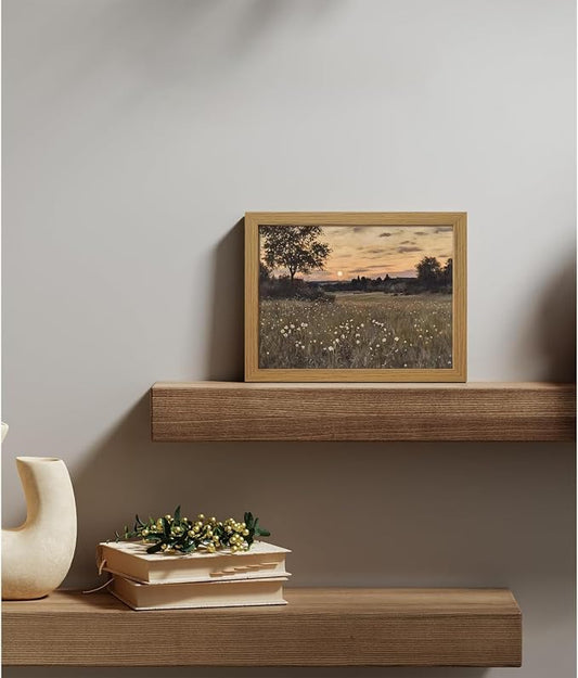 CXQILVER Vintage Framed Meadow Sunset Wall Art, Rustic Twilight Field Landscape Canvas Wall Decor Wildflowers Firefly Poster Print Farmhouse Nature Painting Artwork for Living Room Bedroom 8x10 Inch
