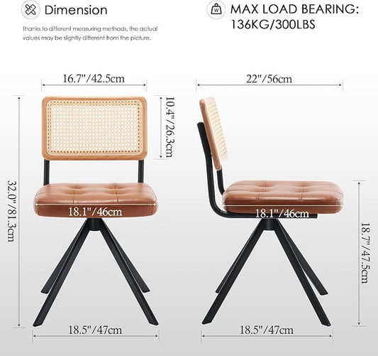 Zesthouse Rattan Desk Chair No Wheels, Mid Century Modern Home Office Chair with Cane Mesh & Wooden Back, Vintage Faux Leather Swivel Accent Chair, Upholstered Armless Computer Task Chair,Brown