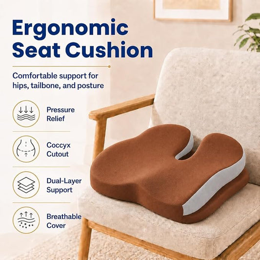 Seat Cushions for Office Chairs Wheelchair Cushion for Long Sitting Back Pain,Memory Foam Seat Car Computer Desk Chair Cushion,Coccyx Cushion for Tailbone Pain Relief Cushion Office Chair Brown