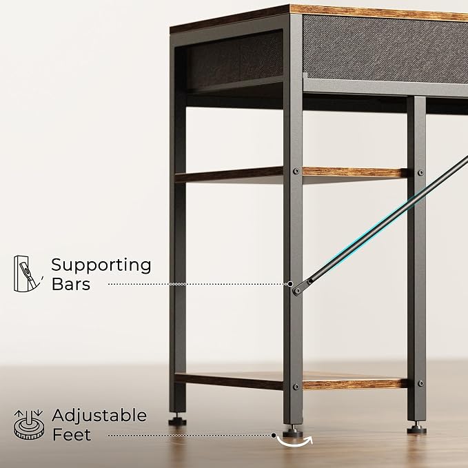 Huuger Computer Desk with 6 Drawers, Office Desk with Shelves, Reversible Gaming Desk, Corner Desk with Storage, Work for Home Office, Study, Living Room, 47inch, Rustic Brown