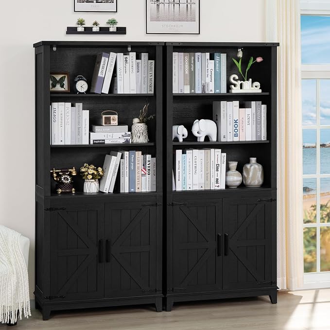 Joaxswe 70in Tall Bookshelf 5 Tier Bookcase with Barn Doors and Adjustable Shelves, Black Farmhouse Book Shelf with Storage Cabinet, Wood Freestanding Display Bookshelves for Bedroom, Kitchen (3PCS)