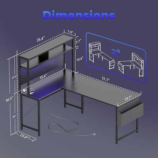 Mericonia 51 inch Large L Shaped Desk with Pegboard Hutch & Shelves, Corner Gaming Desk with Power Outlet, LED Light & Storage Bag, Reversible Computer Desk for Home, Bedroom, Office Workspace, Black