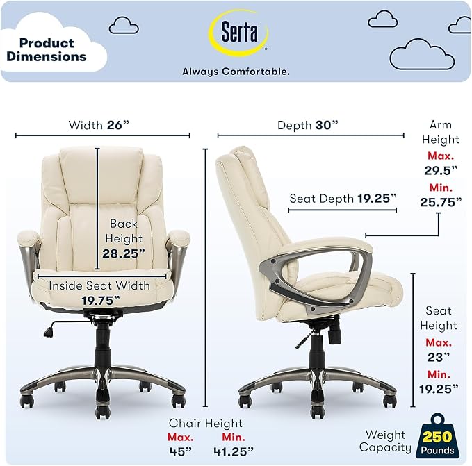 Serta Garret Executive Office Chair, Ergonomic Mid-Back with Lumbar Support, Semi-Plush Cushion and Body Pillows, Padded Armrests, Swivel Base, Bonded Leather, Ivory White