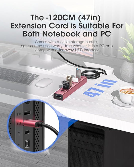 FORIDA USB Hub Long Cable 8 Ports Multiport Adapter with 7-Port USB 3.0 Data Ports, 5V/3A Type-C Power Port Splitter, USB Extender for Laptop PC and More (Rose Gold, USB A-47in)