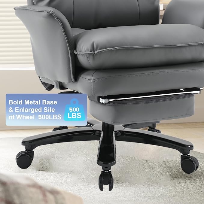 Big and Tall Office Chair 500LBS, Ergonomic Gaming Chair Reclining Office Chair with Foot Rest for Adult,Pu Leather Computer Desk Chair with Adjustable Armrests for Home Living Room,Grey