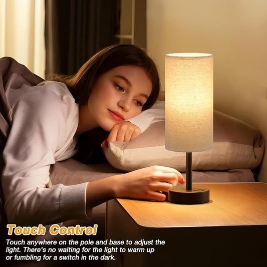 Dicoool Beige Touch Lamp for Bedroom with USB - 3 Way Dimmable Table Lamp for Nightstand, Small Lamp with Black Charging Station for Desk Dorm, Office, Nursery