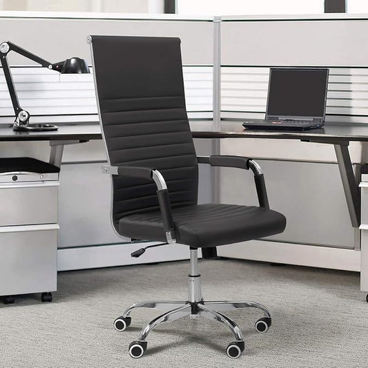 Tuoze Office Chair High Back Leather Desk Chair Modern Executive Ribbed Chairs Height Adjustable Conference Task Chair with Arms (Black)