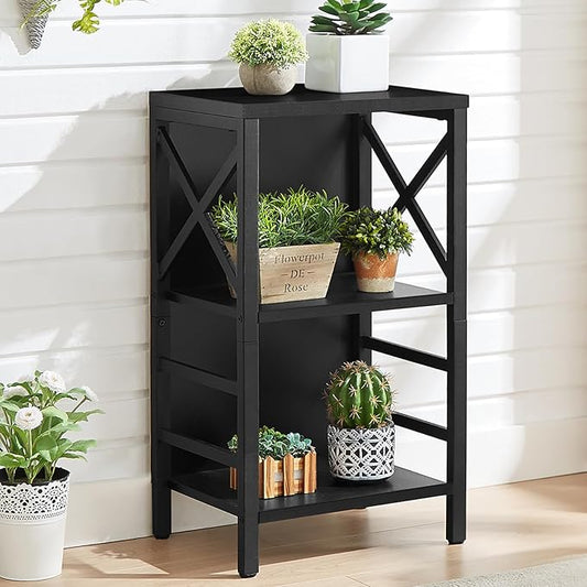 MNEETRUNG Small Bookshelf,3 Tier Industrial Bookcase with Metal Frame and Backboard,Low Black Book Shelf,Book case for Small Spaces,Living Room,Bedroom and Home Office