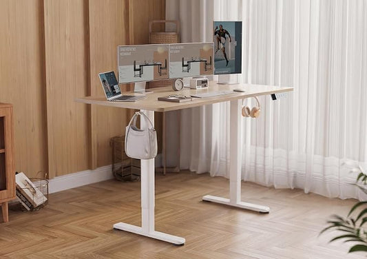 YDN Electric Standing Desk Adjustable Height, 63 x 24 Inches Stand up Desk with Cable Management, Home Office Desks with Splice Board & White Frame, Nature Top