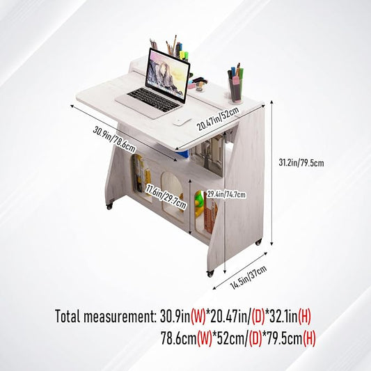 Pmnianhua Farmhouse Portable Desk on Wheels,Mobile Workstation,Rolling Computer Desk with Wheels and Storage for Home Office Small Space(White)