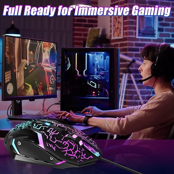 Gaming Mouse, 4 DPI Settings Up to 3600 DPI, Light Up RGB Ergonomic Optical Gaming Mice for Laptop/mac, Computer Wired USB Mouse, 7 Colors LED Backlight, 6 Buttons-Black