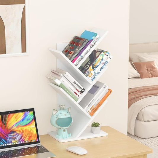 SHEEPAM 5 Tier Tree Book Shelf, Small Desktop Bookshelf with Storage Organizer, Wood Bookcase, Desk Display Bookshelves, Floor Standing Organizer Bookcases for Living Room,Bedroom,Office-White