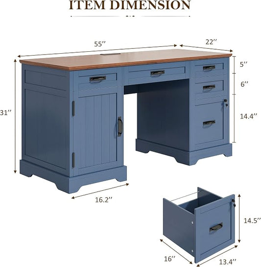 Whalefall 55'' Farmhouse Desk Home Office with Drawers, Blue | Executive Computer Desk with File Cabinet and Charging Station, Wooden Small Desk with Locking Drawers Storage