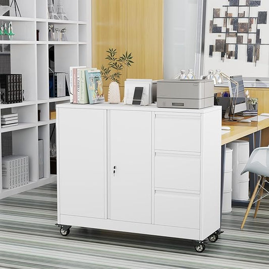 pozdeg Lockable Lateral File Cabinet with Gooseneck Handle, 3 Drawer Mobile Rolling File Cabinet with Wheels, Anti-Rust Sturdy Steel Cabinet for Home Office Workspace Organization (White)
