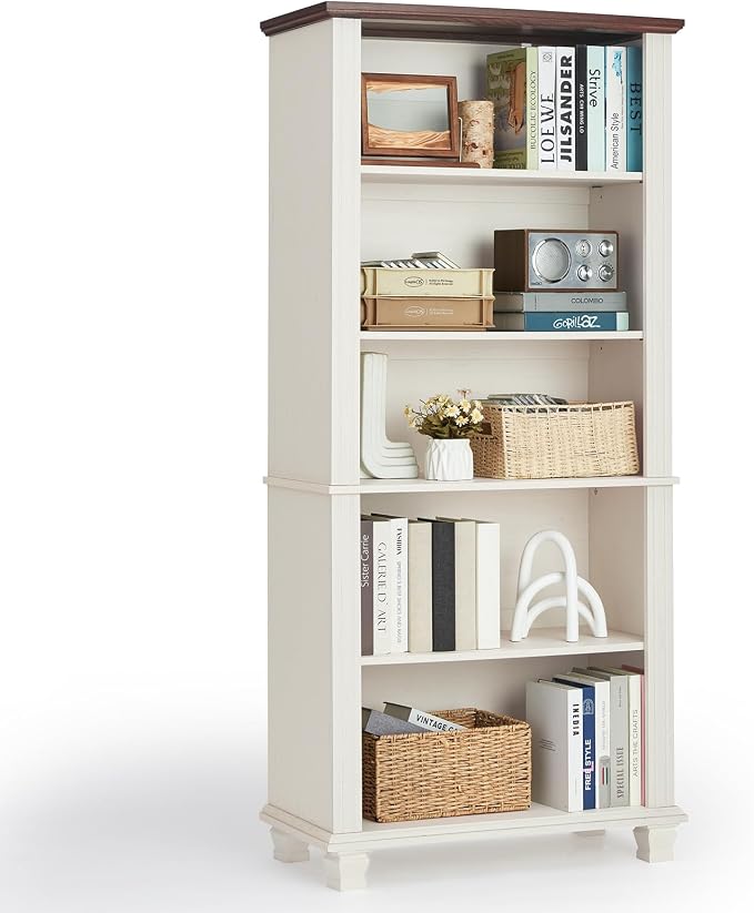 SAVOR LIFE 70" Tall White Bookshelf,5 Tier Wood Book Shelf with Adjustable Shelves & Wood Legs,Free Standing Farmhouse Bookcase with Open Display Storage,Vintage Kids Bookshelves for Nursery,Bedroom