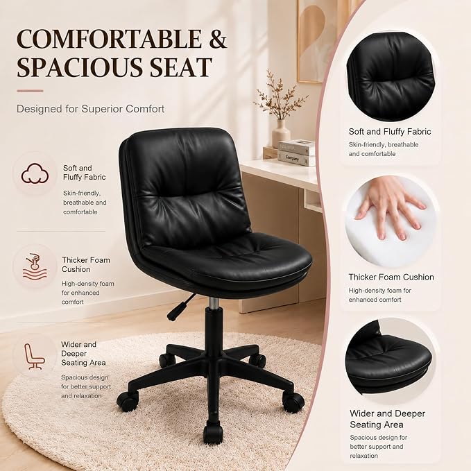 Vanity Chair with Back, PU Leather Swivel Office Desk Chair, Height Adjustable Armless Chair for Small Spaces, Bedroom, Vanity, Home Office Black