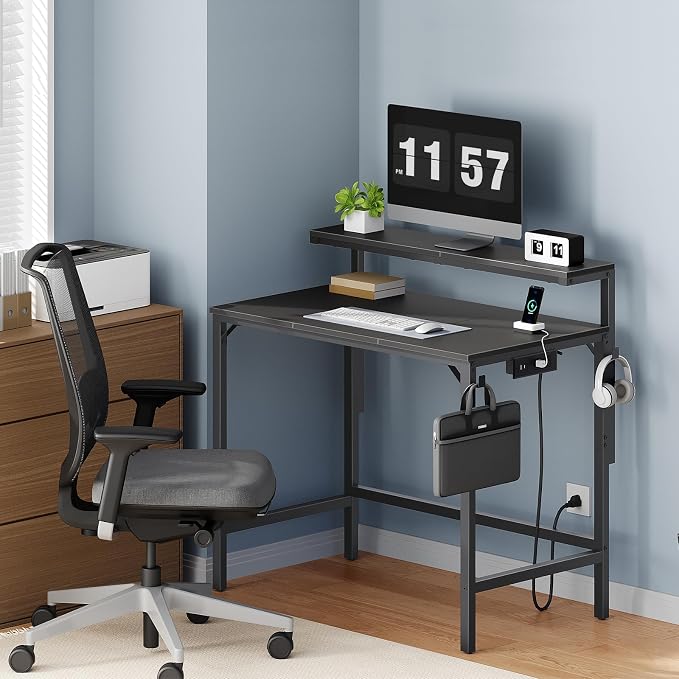 HOOBRO Small Computer Desk, 28.3" Desk for Small Spaces, Home Office Desk with Power Outlet & Adjustable Monitor Stand, Compact Desk with Storage, Writing Table for Bedroom, Office, Black BB38UDN01