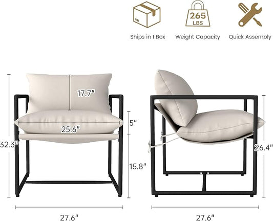 Kromax Sling Accent Chair, Set of 2, Cozy Living Room Chairs, Square Metal Frame, Upholstered Soft Cushion, Sponge, 28" x28“x32, Easy Assembly, Beige
