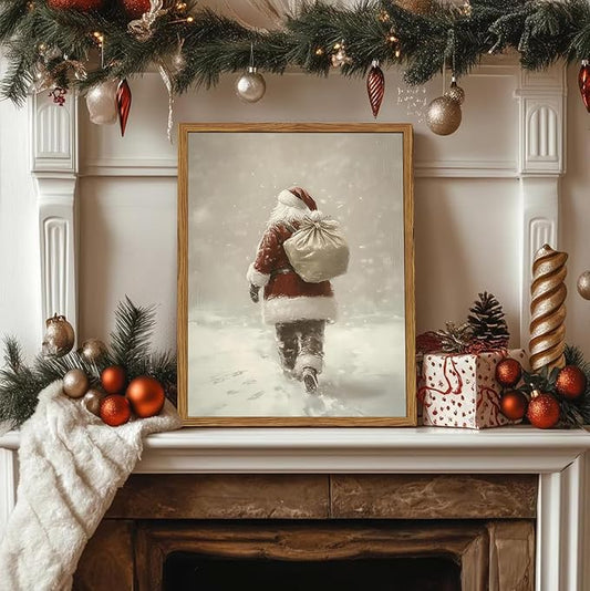 Framed Vintage Christmas Canvas Wall Art, Rustic Santa Claus Walking Snowy Wall Decor Paintings, Winter Holiday Aesthetics Pictures Print Christmas Home Decor for Living Room Bedroom 16x24inch