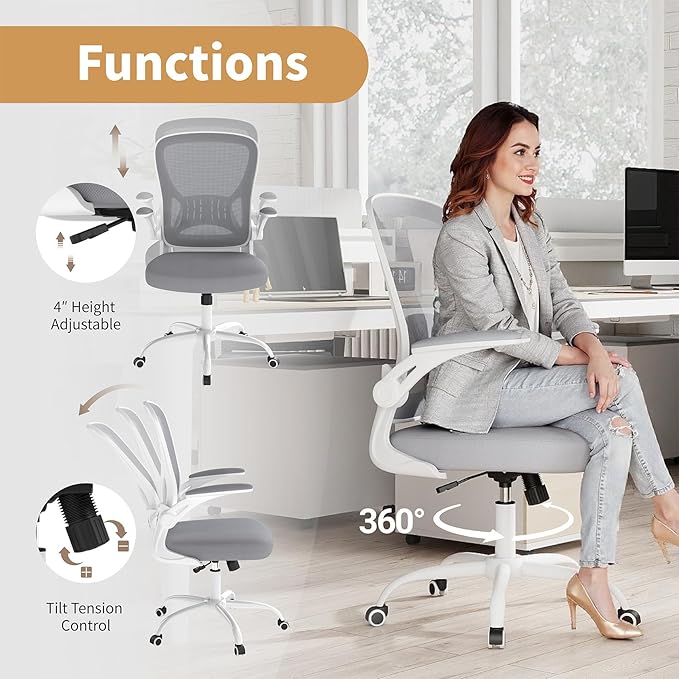 Youhauchair Office Chair, Ergonomic Home Office Desk Chairs with Flip-up Arms and Lumbar Support, Height Adjustable, Grey