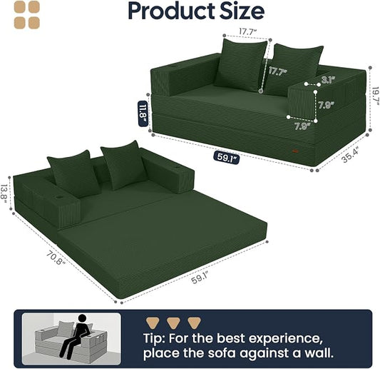 COMAX Futon Sofa Bed, 4‑in‑1 Convertible Sofa Bed, Folding Boneless Couches | Boneless Couch for living room, Fold Out Small Foldable Loveseat Floor Sleeper Mattress Lounge Space‑Saving, Green