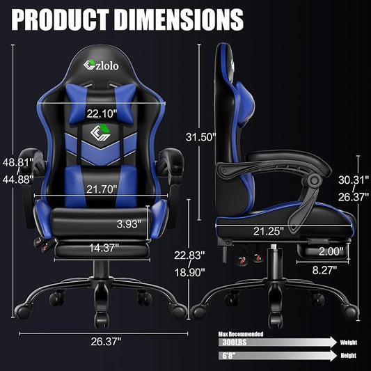 Czlolo Gaming Chair, Ergonomic Office Computer Chair with Footrest and Lumbar Support Massager Racing Style High Back Video Gamer Chair, Wide&Thick Cushion, 90°-135° Recline, Adjustable Height, Blue