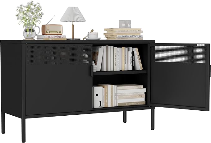 Metal Storage Cabinet with 2 Doors & Adjustable Shelves, 25" H Black Accent Cabinet, Metal Locker Storage Cabinets, Tv Stand Cabinet for Home, Office, Living Room, Entryway