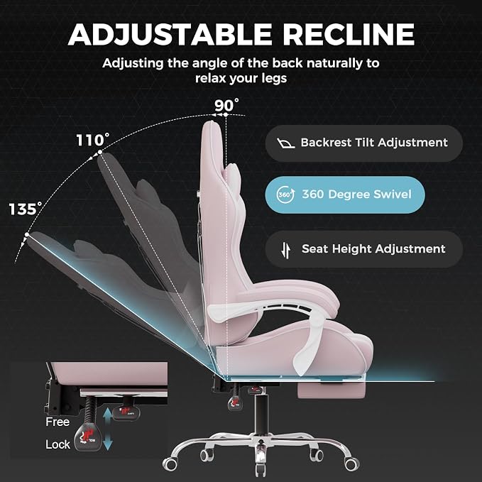 GTPLAYER Gaming Chair with Footrest, Computer Chair with and Lumbar Support, Height Adjustable Game Chair with 360°-Swivel Seat and Headrest and for Office or Gaming (Pink-Fabric)