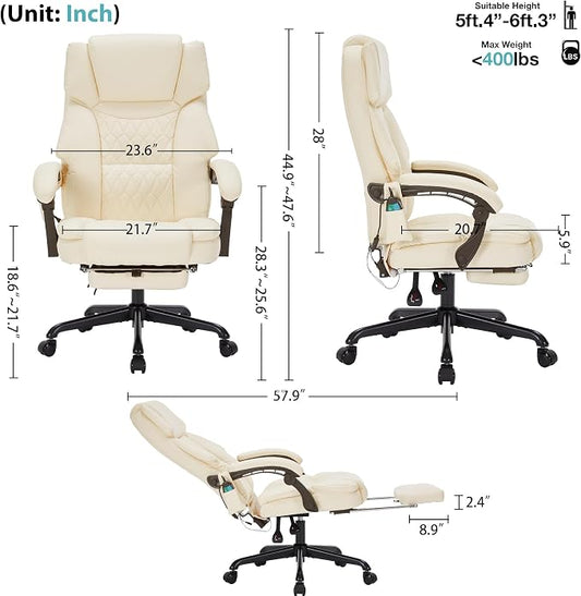 Massage Office Chair with Foot Rest 6 Points Vibration and Heat Home Office Desk Chairs for Heavy People 400lbs Reclining Managerial Chairs Ergonomic Executive Chair (Cream)
