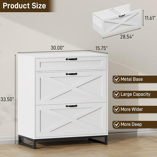 Halitaa File Cabinet 3 Drawers Lateral File Cabinet for Letter/Legal/A4 Size Hanging Files, Large Wood File Storage Cabinets Printer Stand for Home Office, White and Black
