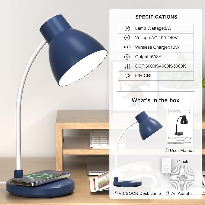 Desk Lamp for Home Office - LED Desk Lamp with Wireless Charger, 3 Color Modes Dimmable Eye-Caring Study Reading Desk Light, Small Flexible Arm Table Lamp for College Dorm Room, Navy Blue