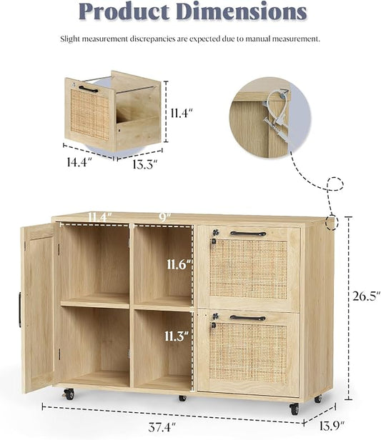 Lateral File Cabinets for Home Office, 2 Drawer and Doors Filing Cabinet with Lock, Wide Rattan Filing Organization Storage Cabinets with Printer Stand for Hanging Files/A4/F4 Size, Natural Wood
