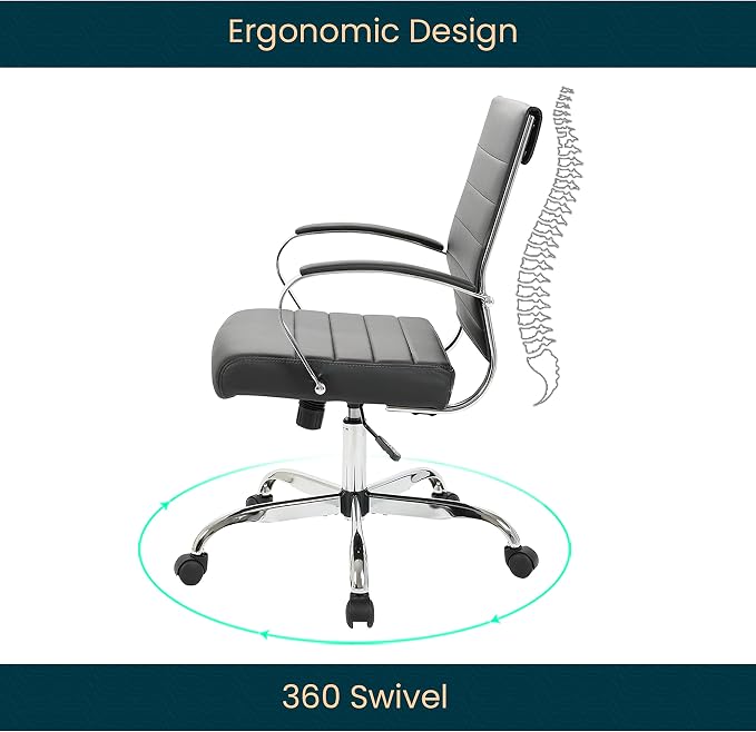 LeisureMod Benmar Leather Office Desk Chair, Mid-Back Ergonomic Swivel Chair with Lumbar Support, Adjustable Height, Tilt Lock, Cushioned Seat & Back, Home Office Task Chair (Black, Single)