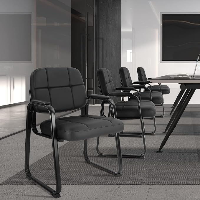 CLATINA Waiting Room Chairs with Padded Arms Leather Guest Chair no Wheels for Office Reception and Conference Desk with Sled Base Black, 2PK