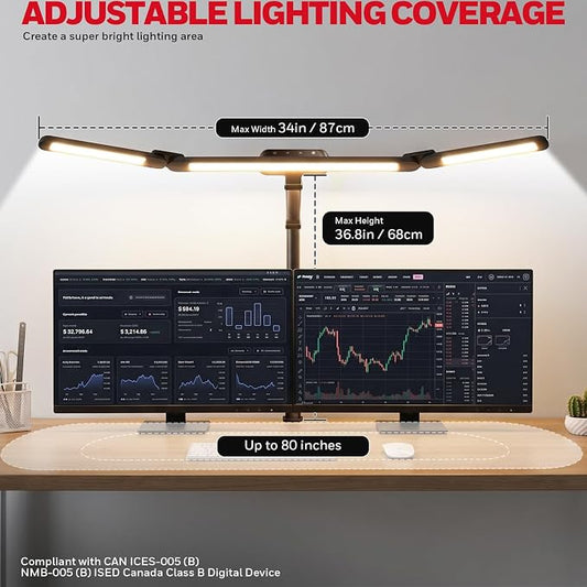 Honeywell Wide Desk Lamp with Clamp for Dual Monitors, 22W Full-Spectrum Eye-Caring LED Desk Lamp for Home Office, 3-Section Adjustable Architect Light for Large Desk, Stepless Dimming, 3000K-5700K
